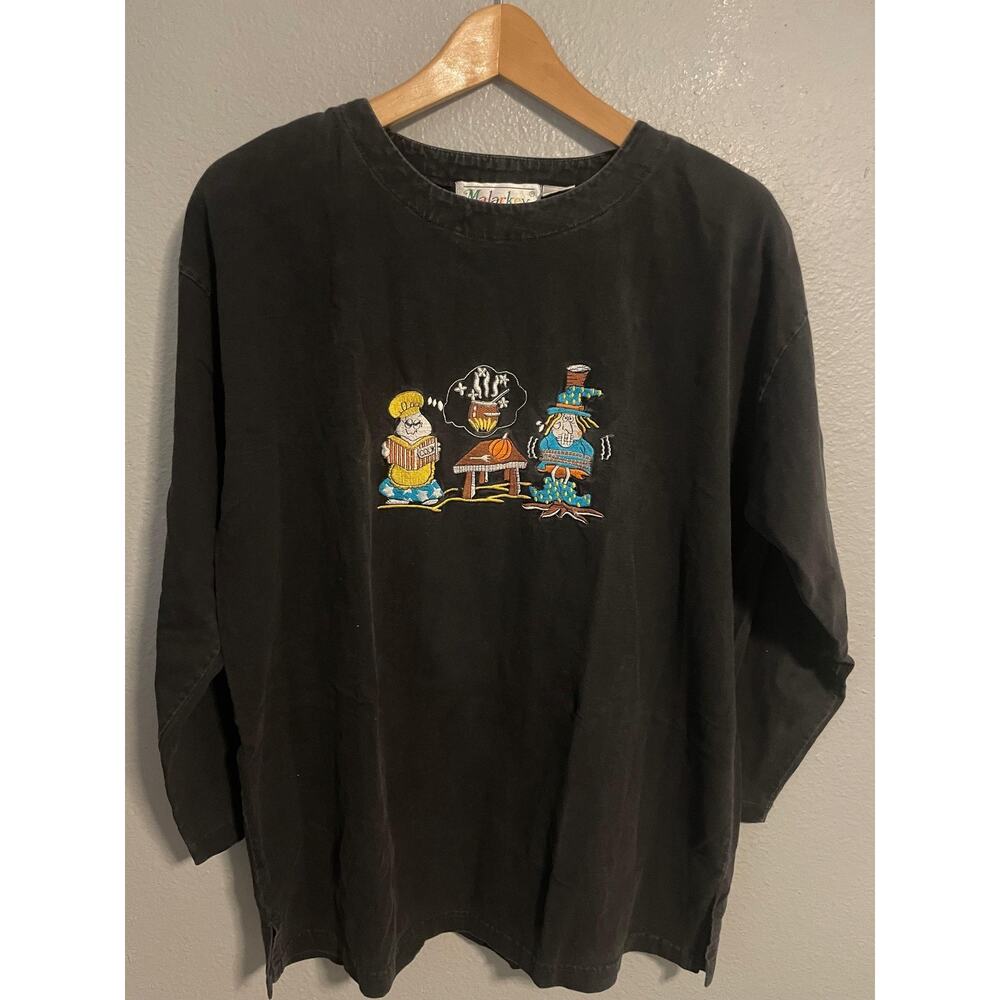 Vintage Malarkey T Shirt Womens Large Black Thanksgiving Turkey Embroidered Y2K